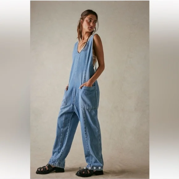 Free People We the Free High Roller Jumpsuit Blue Denim Extra Large XL - Picture 1 of 11